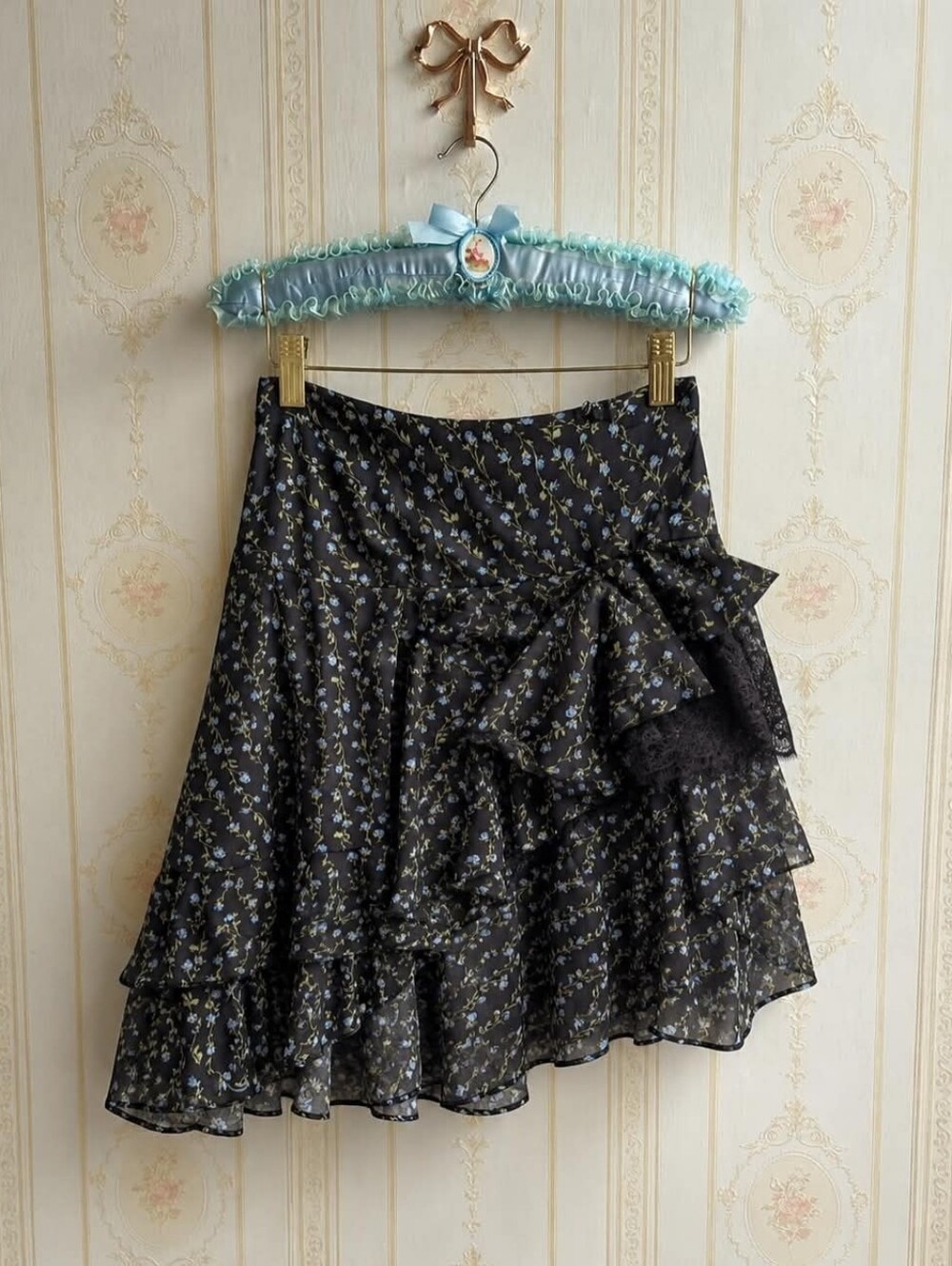 Kimchi Blue Black Mini Skirt with Blue Floral Print